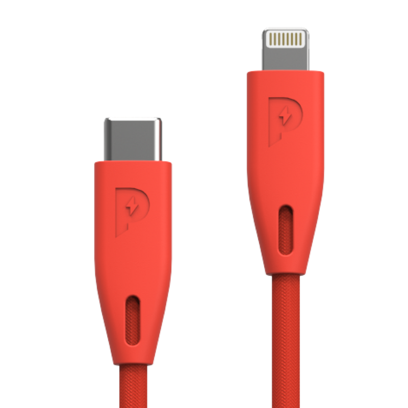 Powerology Braided USB-C to Lightning Cable (2m/6ft) -Red [O] - سلك شحن ايفون تايب سي - بوراولجي - طول 180سم - كفالة 18 شهر