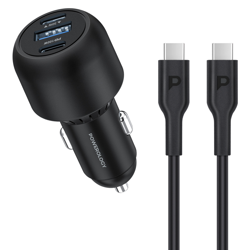 Powerology Ultra-Quick Car Charger 130W with 0.9m/3ft Type-C To Type-C Cable [O]  شاحن ولاعة مع كيبل تايب سي - بوراولجي - 1 منفذ يو اس بي + 2 تايب سي - كفالة 18 شهر