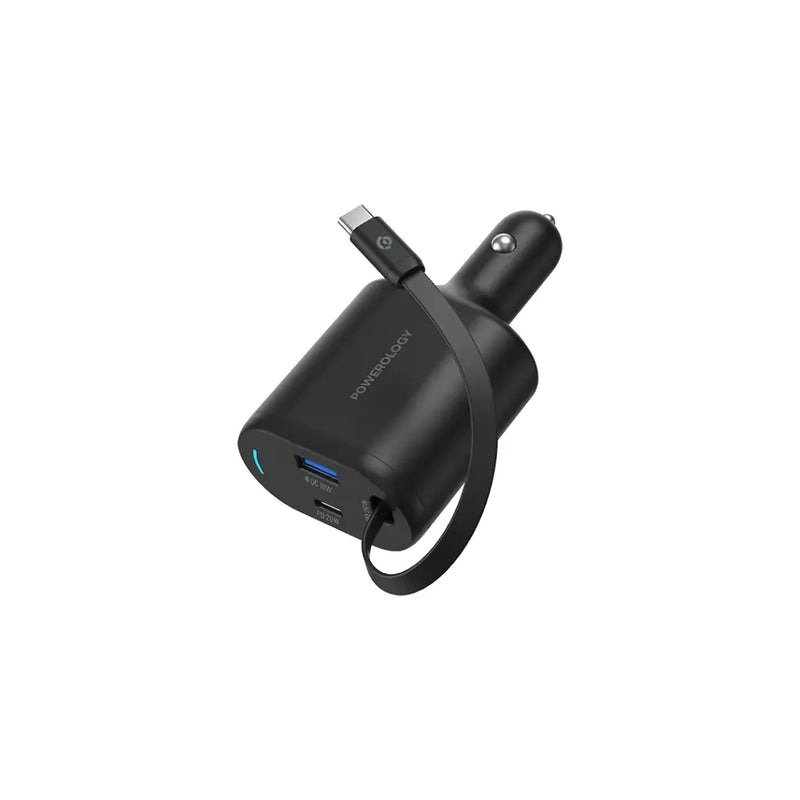 Powerology Type-C Retractable Car Charger 70W - Black [O] - شاحن ولاعة مع كيبل تايب سي مدمج - باورولوجي  - منفذ يو اس بي + تايب سي - قوة 70 واط - كفالة 12 شهر