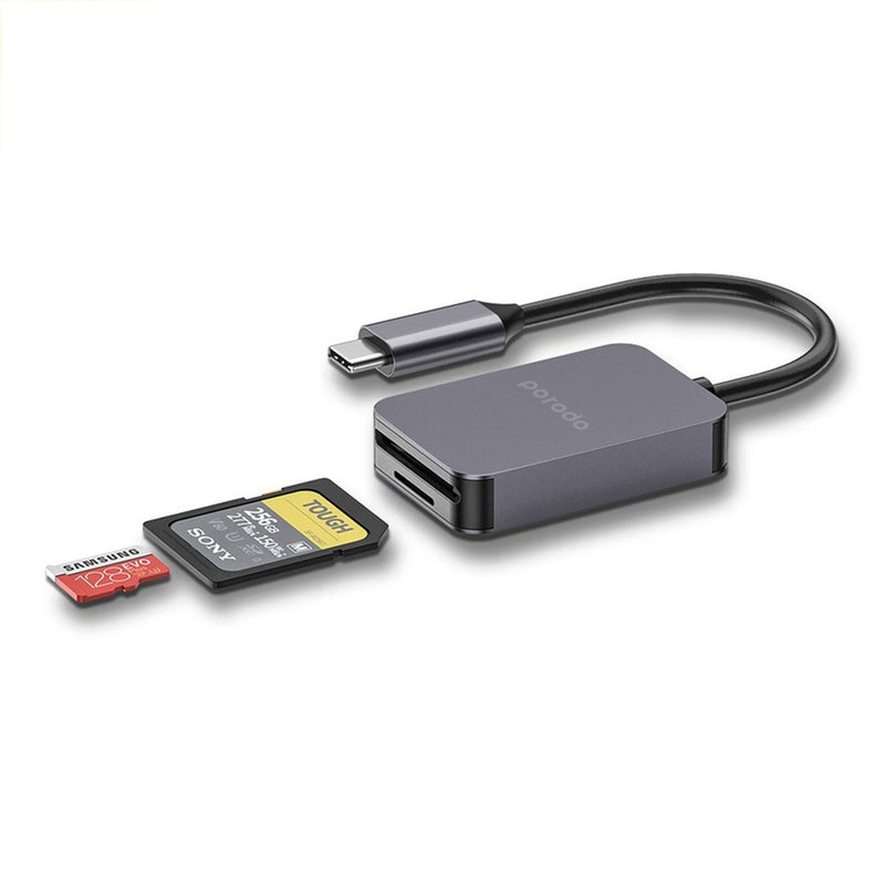 Porodo 2in1 USB-C Card Reader SD MicroSD - Grey - وصلة تايب سي - 2 في 1 - لاجهزة الايباد برو والماك بوك - لنقل البيانات - كفالة 24 شهر