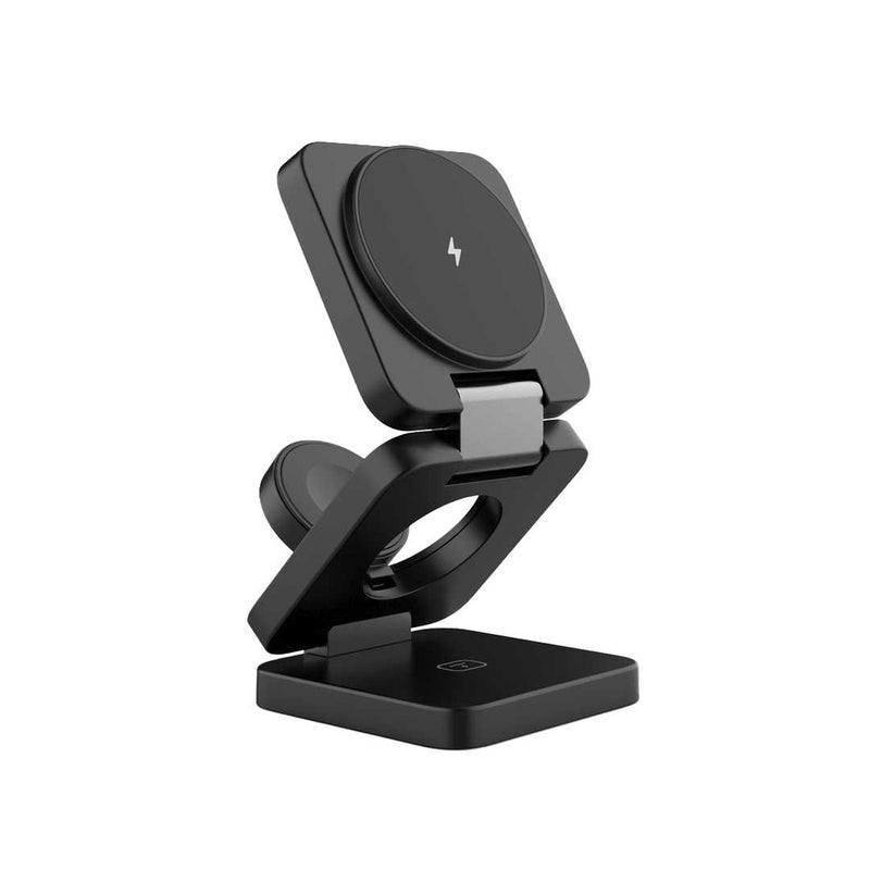 Porodo Multi-Device Wireless Charger Sleek, Lightweight And Travel -Friendly - Black - ستاند شحن - 3 في 1 خاصية الشحن السريع - شحن الايفون + الساعة + السماعة - كفالة 24 شهر