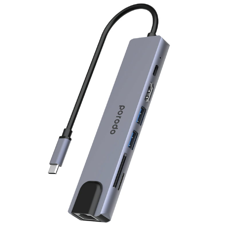 Porodo 7in1 Aluminum USB-C Hub 4K HDMI 100W - Gray - وصلة تايب سي - 7 في 1 - لاجهزة الايباد برو والماك بوك - متعددة الاستخدام - كفالة 18 شهر
