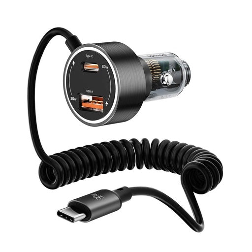 Porodo 60W Transparent Dual Port Car Charger PD 30W QC 18W with Coil- Black - [O] - شاحن ولاعة مع كيبل تايب سي - برودو  - منفذ يو اس بي + تايب سي - كفالة 12 شهر