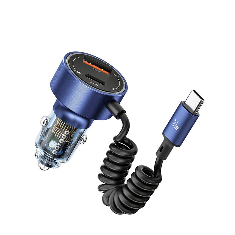 Porodo 60W Transparent Dual Port Car Charger PD 30W QC 18W with Coil- Blue- [O] - شاحن ولاعة مع كيبل تايب سي - برودو  - منفذ يو اس بي + تايب سي - كفالة 12 شهر