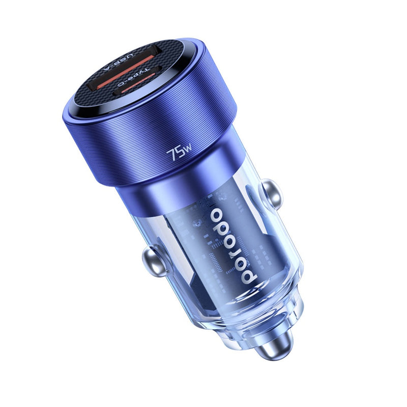 Porodo 75W Transparent Dual Port Car Charger PD 45W QC 30W - Blue [O] - شاحن ولاعة - برودو  - منفذ يو اس بي + تايب سي  - كفالة 12 شهر