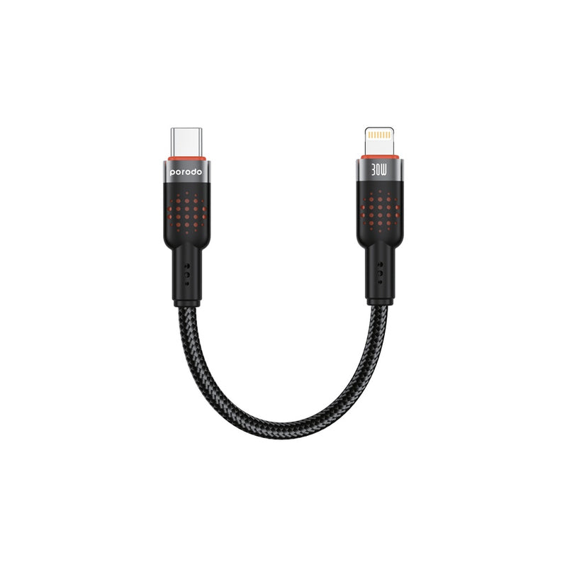 Porodo Braided Cable USB-C to Lightning Tie 25cm - Black - سلك شحن - بورودو - تايب سي الي ايفون - طول 25 سم - كفالة 24 شهر