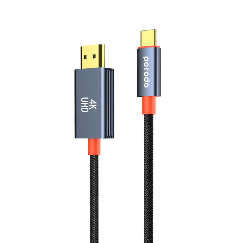 Porodo Woven Cable Type-C to HDMI - Black - وصلة تلفزيون لاجهزة الاندرويد و ايفون 15/16 - تايب سي - من الجهاز الى التلفزيون مباشرة