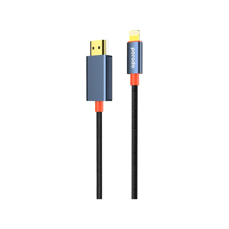 Porodo Woven Cable Lightning to HDMI - Black - وصلة تلفزيون لاجهزة الايفون - من الجهاز الى التلفزيون مباشرة