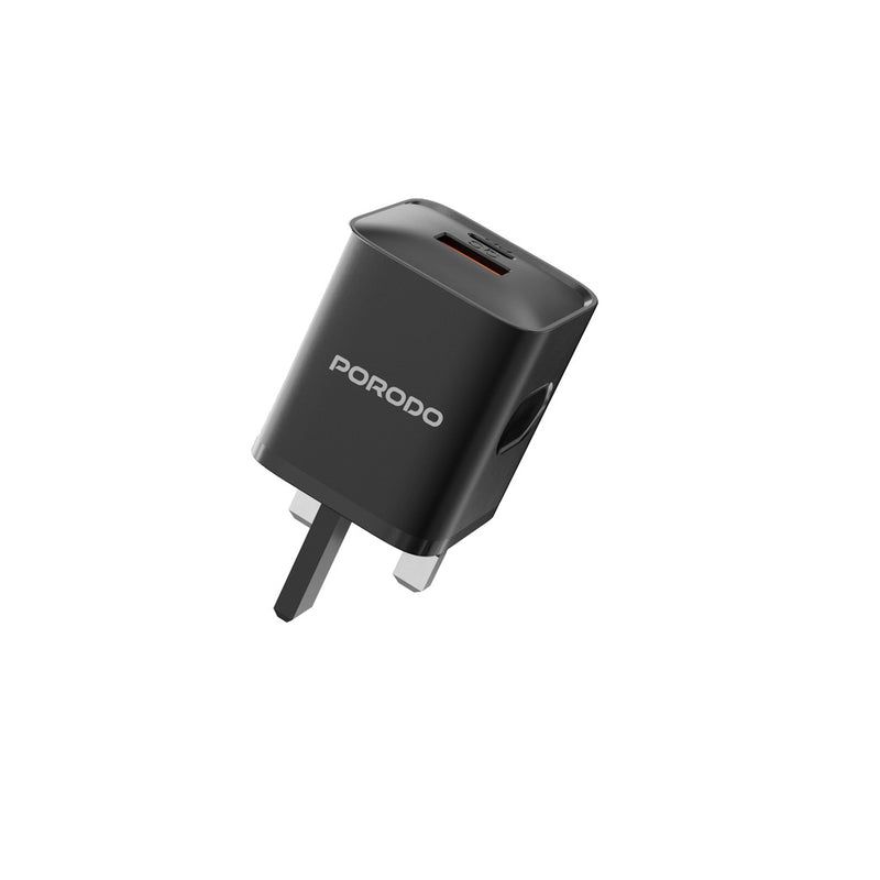 Porodo Dual Port Wall Charger UK with USB-C to Lightning cable - Black - بلاك شاحن حائط + سلك شحن ايفون - فتحتين للشحن - بورودو - كفالة 12 شهر