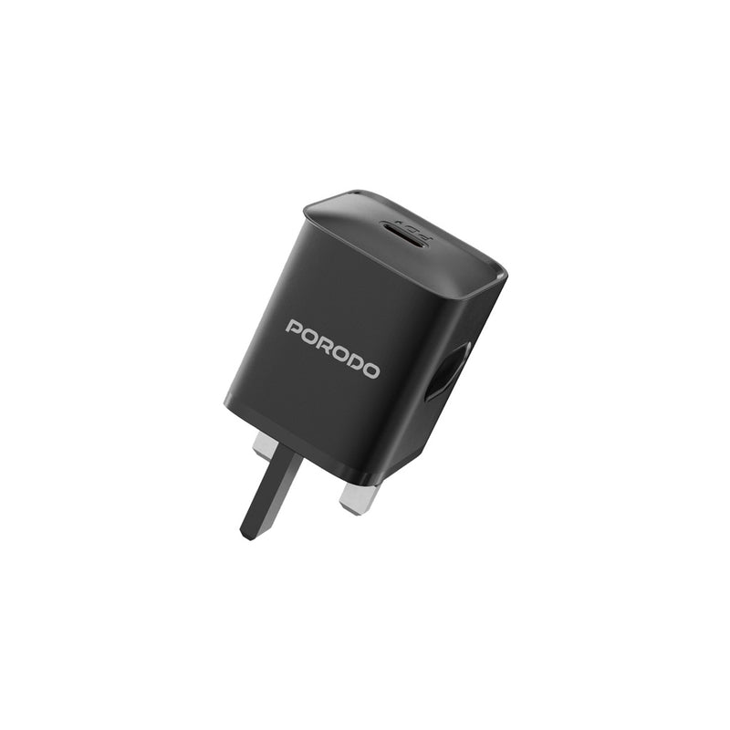 Porodo USB-C Power Delivery Wall Charger with Lightning Cable - Black - بلاك شاحن حائط + سلك شحن ايفون - بورودو - كفالة 12 شهر