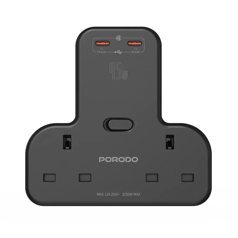 Porodo Multi-Port Wall Socket - 45W - Black - موزع بلاك حائط شحن - 2 فتحتين كهرباء - 2 فتحتين لشحن ذكي وسريع - قوة 45 واط - كفالة 24 شهر