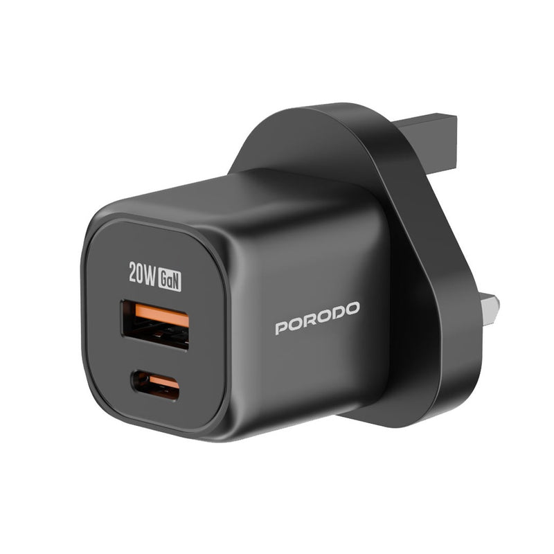 Porodo PD 20W USB QC3.0 UK Fast Charger - شاحن حائط - قوة 20 واط - 2 فتحتين للشحن السريع - 1 تايب سي بي دي - 1 يو اس بي  - كفالة 12 شهر