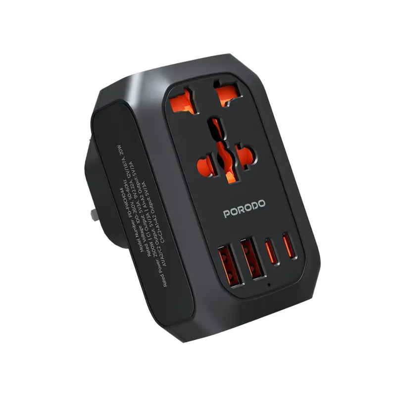 Porodo Universal AC Adapter Multi-Device Charging EU Plug - Black [O] - شاحن حائط  - 4 منافذ للشحن + منفذ كهرباء - كفالة 24 شهر