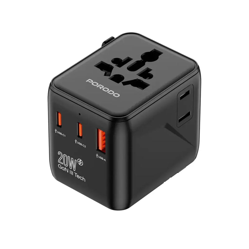 Porodo Universal Travel GaN Quick Charger - Black - شاحن حائط دولي - لجميع دول العالم - منفذين للشحن الذكي والسريع - كفالة 24 شهر