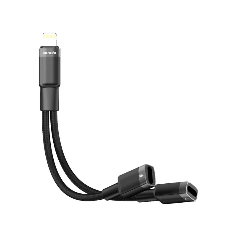 Porodo 2in1 Lightning to 2Lightning Jack Headphone and Charging Converter Adapter - وصلة للشحن والسماعة بنفس الوقت - لجميع اجهزة الايفون - بورودو - كفالة 24 شهر