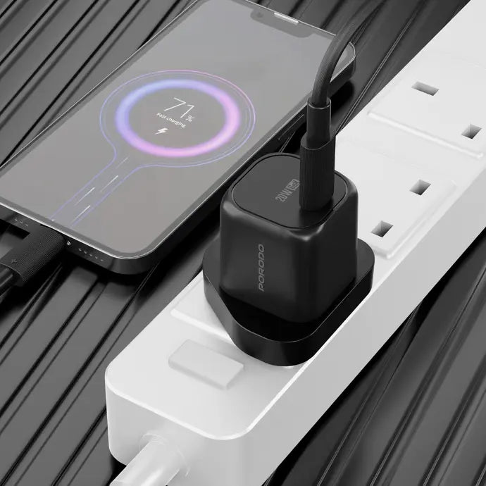 Porodo PD 20W UK Fast Charger with C to C Cable - Black - بلاك شاحن حائط + سلك شحن تايب سي -بورودو - كفالة 12 شهر