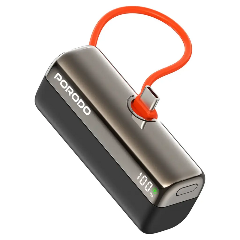 Porodo Pocket Volt 5000mAh Power Bank - Black [O] - بطارية متنقلة - مع شاحن تايب سي - سعة 5 ألاف مللي امبير + شاشة رقميه - لأجهزة الاندرويد والايفون 15 والايفون 16 والايفون 17 - كفالة 24 شهر