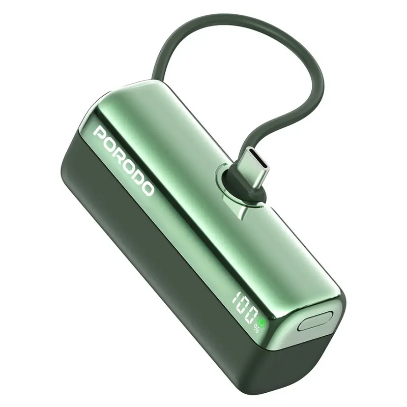 Porodo Pocket Volt 5000mAh Power Bank - Green [O] - بطارية متنقلة - مع شاحن تايب سي - سعة 5 ألاف مللي امبير + شاشة رقميه - لأجهزة الاندرويد والايفون 15 والايفون 16 والايفون 17 - كفالة 24 شهر