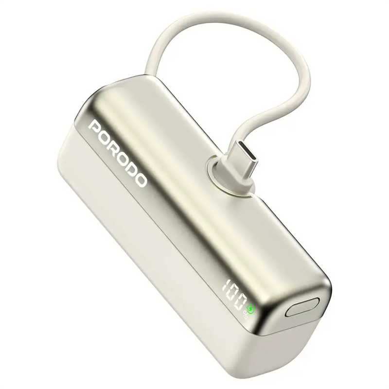 Porodo Pocket Volt 5000mAh Power Bank - White [O] - بطارية متنقلة - مع شاحن تايب سي - سعة 5 ألاف مللي امبير + شاشة رقميه - لأجهزة الاندرويد والايفون 15 والايفون 16 والايفون 17 - كفالة 24 شهر