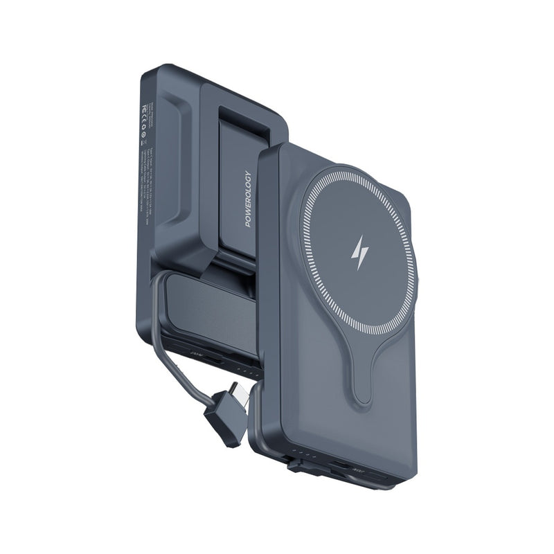 Powerology 5000mAh Power Bank With Magnetic Wireless Charger Car Mount - Grey [O] - بطارية متنقلة سعة 5 آلاف - ستاند - سلك شحن تايب سي - قوة 20 واط - ماغ سيف - شحن وايرليس قوة 15 واط - ستاند سيارة ( فتحة تكييف ) - باورولوجي - كفالة 12 شهر