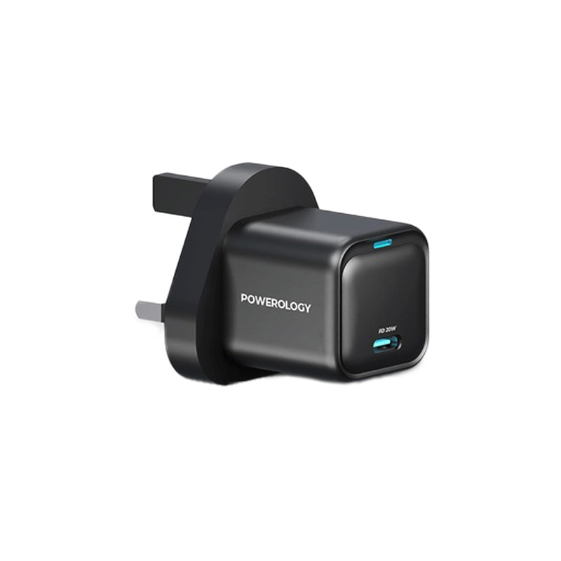 Powerology 20W Single C Port PD Charger UK - Black [O] - شاحن حائط تايب سي - باورولوجي - قوة 20 واط - كفالة 24 شهر