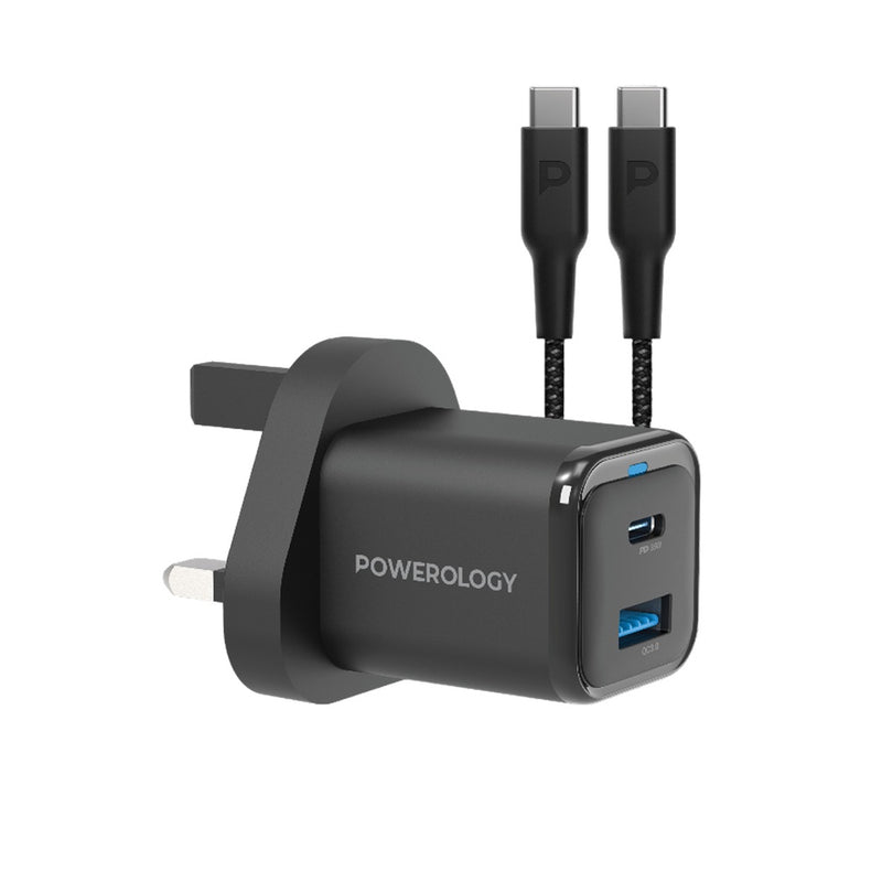 Powerology 35W PD QC 1xUSB-C 35W and 1xUSB-A 18W GaN Charger UK -with Type C to C 60W - Black - شاحن حائط تايب سي - باورولوجي - سلك شحن تايب سي - قوة 35 واط - كفالة 24 شهر