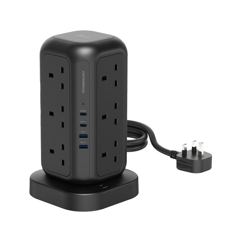 Powerology 12 AC Sockets GaN Tower Hub - Black - ستاند موزع شحن - 12 منفذ كهرباء + 2 منفذين تايب سي - قوة 20 واط - 2 منفذين يو اس بي اي - كفاله 24 شهر