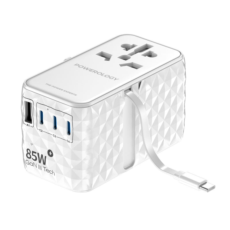 Powerology Universal GaN 85W Super Charger Retractable Type-C Cable White - بلاك حائط شحن دولي - 4 فتحات للشحن - 3 فتحات تايب سي +1 فتحة يو اس بي - قوة 85 واط  مع كيبل تايب سي - كفالة 24 شهر