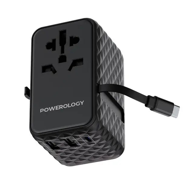 Powerology GaN 20W PD Universal Adapter Retractable Type-C Cable - Black [O] - بلاك حائط شحن دولي - 3 فتحات للشحن - 1 فتحات تايب سي + 2 فتحة يو اس بي - قوة 20 واط  مع كيبل تايب سي - كفالة 24 شهر