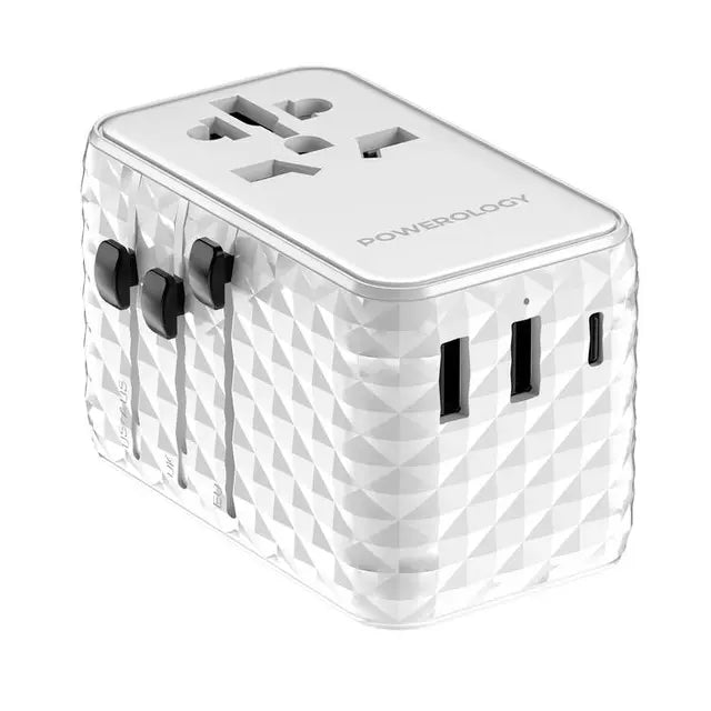 Powerology GaN 20W PD Universal Adapter Retractable Type-C Cable - White [O] - بلاك حائط شحن دولي - 3 فتحات للشحن - 1 فتحات تايب سي + 2 فتحة يو اس بي - قوة 20 واط  مع كيبل تايب سي - كفالة 24 شهر