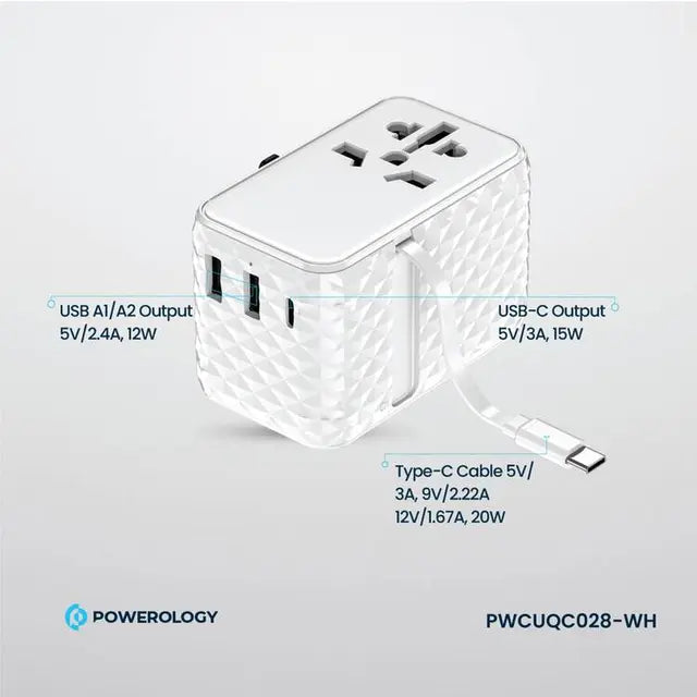 Powerology GaN 20W PD Universal Adapter Retractable Type-C Cable - White [O] - بلاك حائط شحن دولي - 3 فتحات للشحن - 1 فتحات تايب سي + 2 فتحة يو اس بي - قوة 20 واط  مع كيبل تايب سي - كفالة 24 شهر