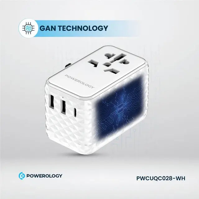 Powerology GaN 20W PD Universal Adapter Retractable Type-C Cable - White [O] - بلاك حائط شحن دولي - 3 فتحات للشحن - 1 فتحات تايب سي + 2 فتحة يو اس بي - قوة 20 واط  مع كيبل تايب سي - كفالة 24 شهر