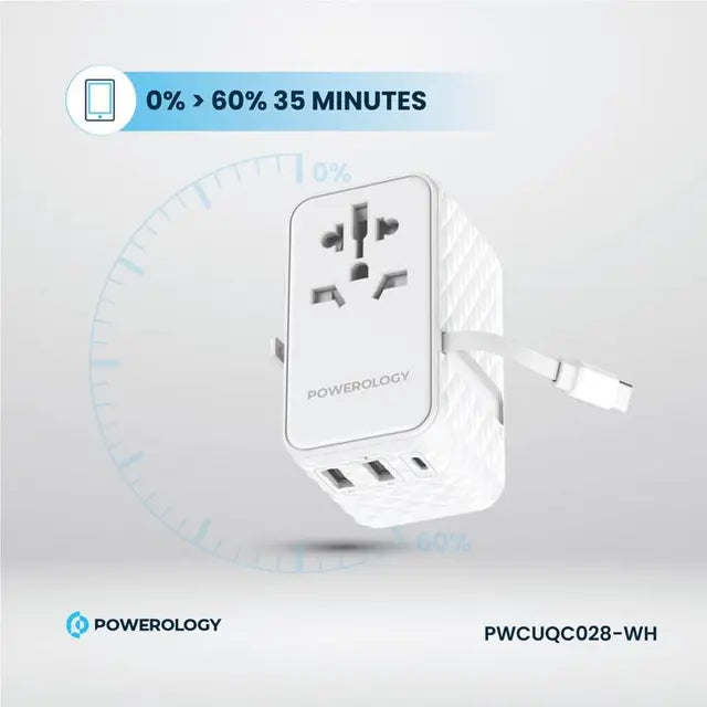 Powerology GaN 20W PD Universal Adapter Retractable Type-C Cable - White [O] - بلاك حائط شحن دولي - 3 فتحات للشحن - 1 فتحات تايب سي + 2 فتحة يو اس بي - قوة 20 واط  مع كيبل تايب سي - كفالة 24 شهر