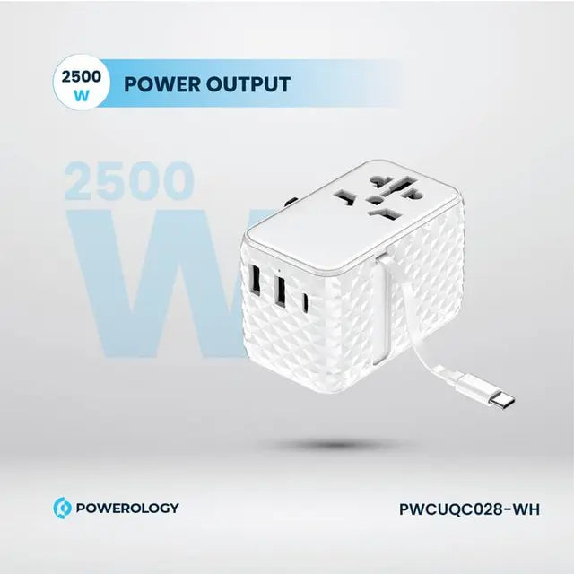 Powerology GaN 20W PD Universal Adapter Retractable Type-C Cable - White [O] - بلاك حائط شحن دولي - 3 فتحات للشحن - 1 فتحات تايب سي + 2 فتحة يو اس بي - قوة 20 واط  مع كيبل تايب سي - كفالة 24 شهر