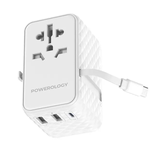 Powerology GaN 20W PD Universal Adapter Retractable Type-C Cable - White [O] - بلاك حائط شحن دولي - 3 فتحات للشحن - 1 فتحات تايب سي + 2 فتحة يو اس بي - قوة 20 واط  مع كيبل تايب سي - كفالة 24 شهر