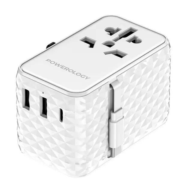 Powerology GaN 20W PD Universal Adapter Retractable Type-C Cable - White [O] - بلاك حائط شحن دولي - 3 فتحات للشحن - 1 فتحات تايب سي + 2 فتحة يو اس بي - قوة 20 واط  مع كيبل تايب سي - كفالة 24 شهر