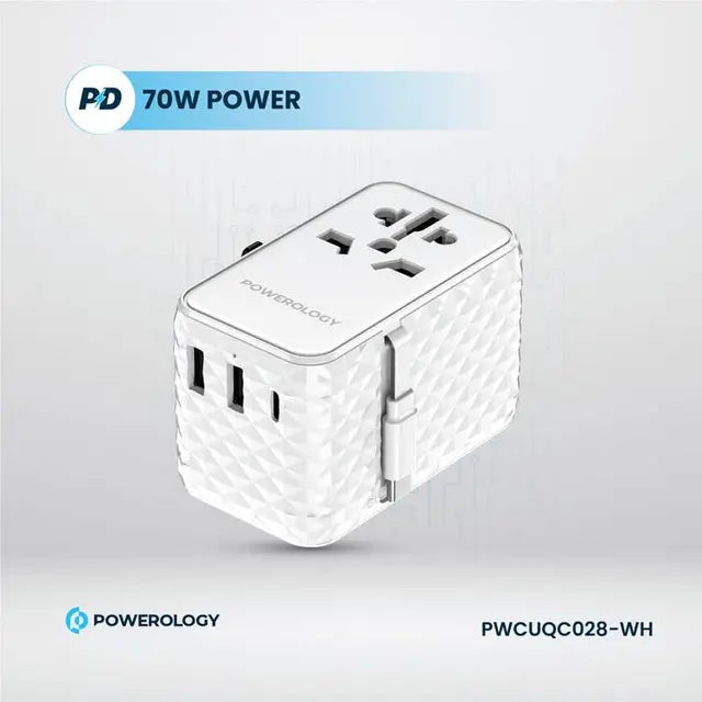 Powerology GaN 20W PD Universal Adapter Retractable Type-C Cable - White [O] - بلاك حائط شحن دولي - 3 فتحات للشحن - 1 فتحات تايب سي + 2 فتحة يو اس بي - قوة 20 واط  مع كيبل تايب سي - كفالة 24 شهر