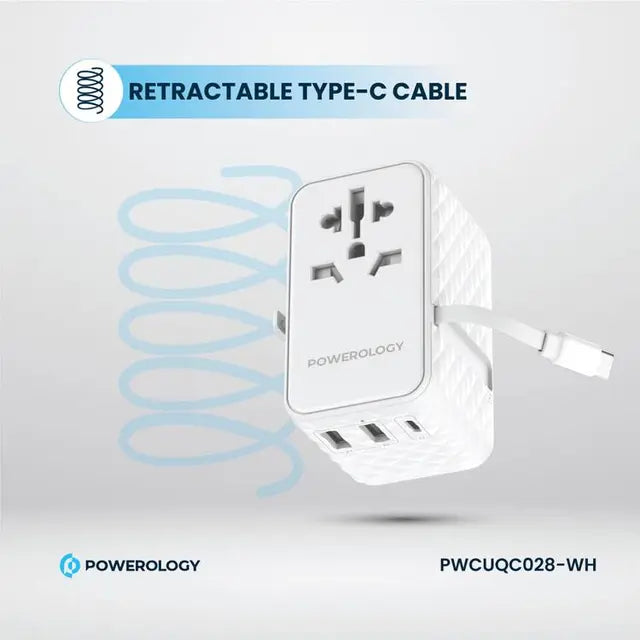 Powerology GaN 20W PD Universal Adapter Retractable Type-C Cable - White [O] - بلاك حائط شحن دولي - 3 فتحات للشحن - 1 فتحات تايب سي + 2 فتحة يو اس بي - قوة 20 واط  مع كيبل تايب سي - كفالة 24 شهر