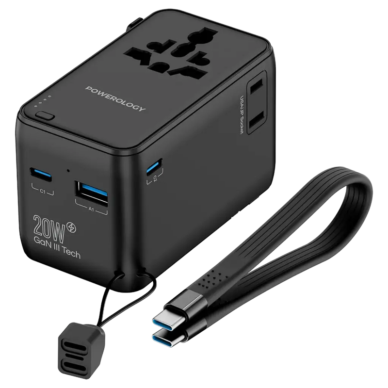 Powerology 2500W Universal Travel Adapter with 4000mAh Power Bank - Black - شاحن حائط دولي -  2 في 1 - باور بانك سعة 4000 + سلك شحن تايب سي - كفالة 24 شهر