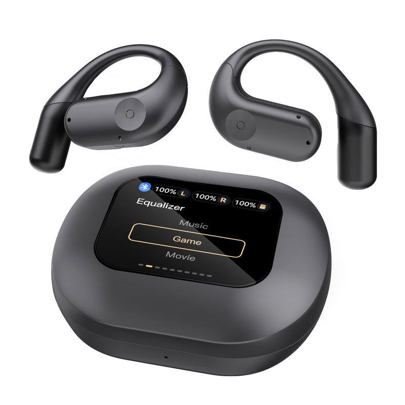 Powerology Air Conduction ENC TWS Earbuds and Charging Case with Display 60mAh - Black   سماعة اذن رياضيه - بلوتوث - باورولجي - شاشة تعمل باللمس تسمح لك بتغيير الأغاني  - كفالة 18 شهر