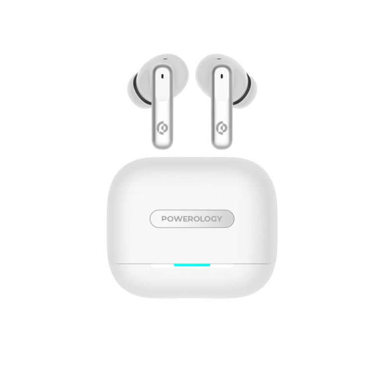 Powerology 6 Mic Hybrid ANC + ENC True Wireless Buds - White - سماعة باورولوجي - بلوتوث - خاصيه عزل الضوضاء - تدعم التحكم باللمس - كفالة 24 شهر