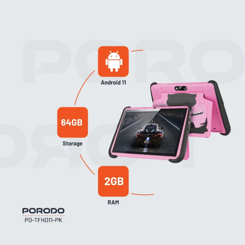 Porodo 10.1" Kids Android Tablet - Pink  تابلت اطفال - يدعم 2 شريحتين اتصال + ميموري - برودو