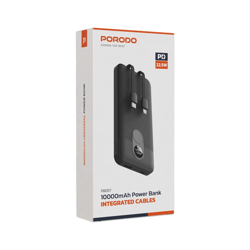 Porodo 10000mAh Powerbank Integrated Cable - Black - بطارية متنقلة - بورودو - سعة 10000 - سلك شاحن أيفون + تايب سي - 1 منفذ تايب سي - 1 منفذ يو اس بي - شاشة رقمية - كفالة 24 شهر