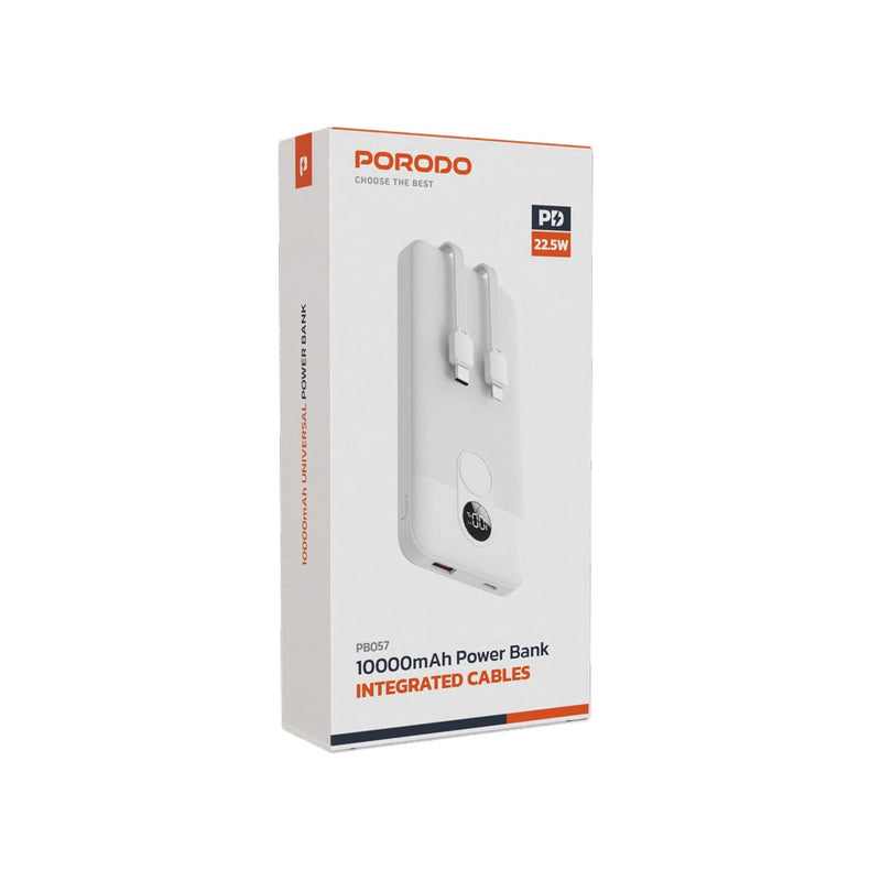 Porodo 10000mAh Powerbank Integrated Cable - White - بطارية متنقلة - بورودو - سعة 10000 - سلك شاحن أيفون + تايب سي - 1 منفذ تايب سي - 1 منفذ يو اس بي - شاشة رقمية - كفالة 24 شهر