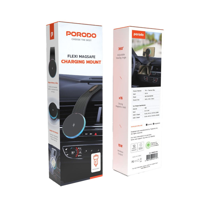 Porodo 15W Magnetic Wireless Car Mount with Dual Port Car Charger & C-C Cable 1M- Black - ستاند سيارة - بورودو - شاحن وايرلس - قوة 15 واط - متعدد الاوضاع - سلك شحن تايب سي + شاحن ولاعه - ماغ سيف