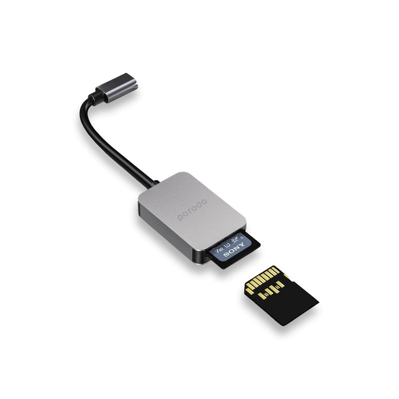 Porodo 2in1 USB-C Card Reader SD MicroSD - Grey - وصلة تايب سي - 2 في 1 - لاجهزة الايباد برو والماك بوك - لنقل البيانات - كفالة 24 شهر