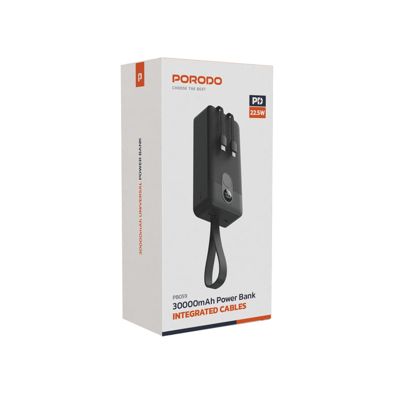 Porodo 30000mAh Power Bank with Integrated Cables - Black - بطارية متنقلة - برودو - قوة 30000 - سلك شاحن أيفون + تايب سي - 1 منفذ تايب سي - 1 منفذ يو اس بي - شاشة رقمية - كفالة 24 شهر