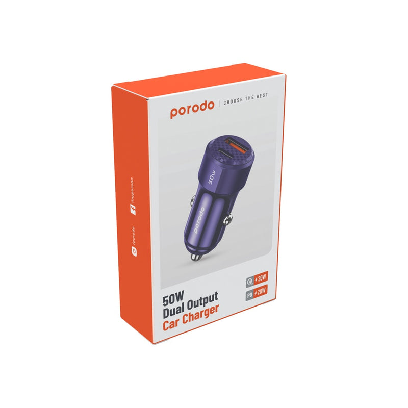 Porodo 50W Dual Port Car Charger PD 20W QC 30W - Purple [O] شاحن ولاعة - برودو  - منفذ يو اس بي + تايب سي  - كفالة 12 شهر