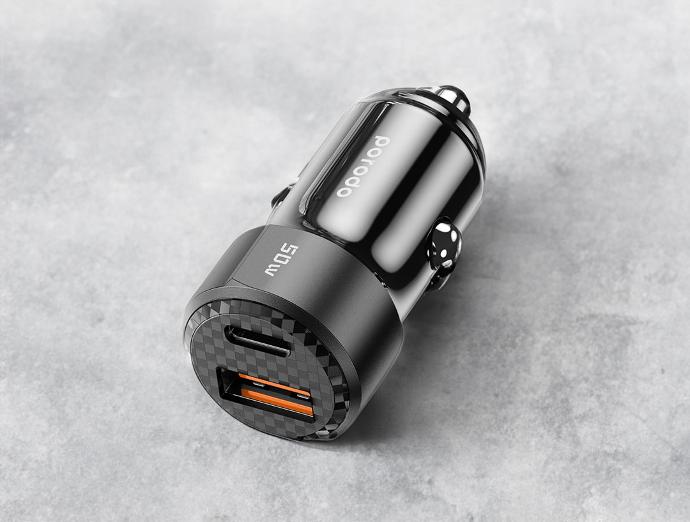 Porodo 50W Dual Port Car Charger PD 20W QC 30W with C to C Cable - Black [O] - شاحن ولاعة مع كيبل تايب سي الي تايب سي  - برودو  - اسود - كفالة 12 شهر