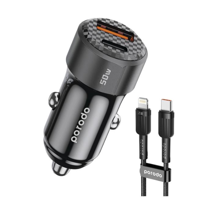 Porodo 50W Dual Port Car Charger PD 20W QC 30W with C to Lightning Cable - Black [O] - شاحن ولاعة مع كيبل تايب سي  ايفون - برودو  - اسود - كفالة 12 شهر